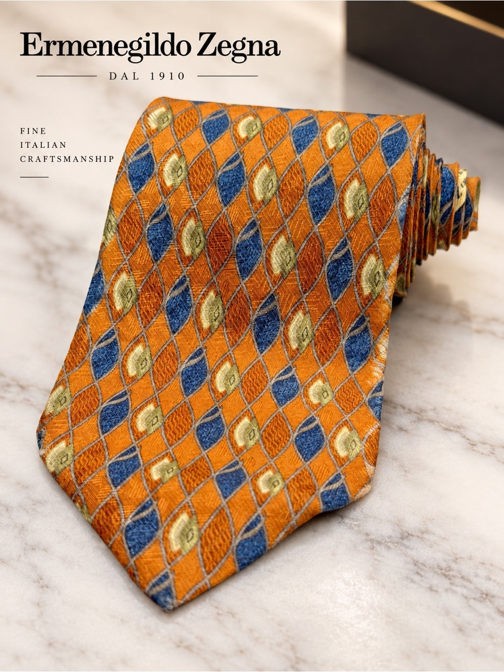 Ermenegildo Zegna Orange Tie with Blue and Gold Motif